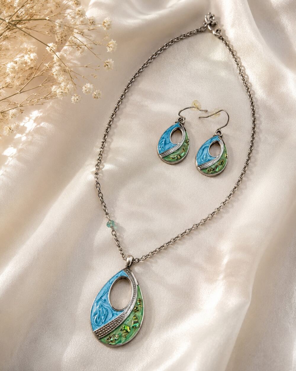 Blue & Green Enamel Swirl Cutout Teardrop Necklace & Earrings Set